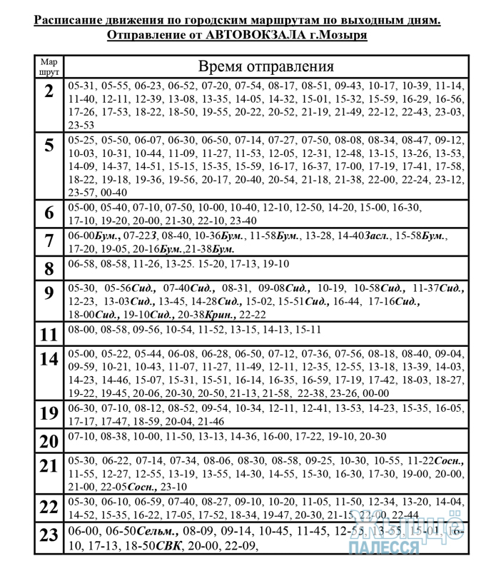 Расписание движения городских автобусов Мозыря